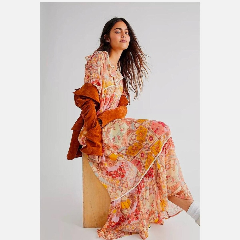 NEW Free People Carmella Maxi Dress Floral Ruffled Ivory combo size Small S